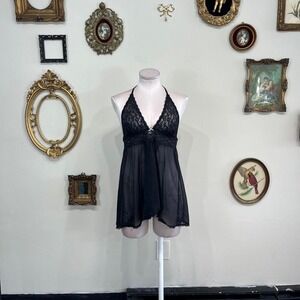 Vintage Victoria's Secret Black Lace Halter mini lingerie dress – Size L